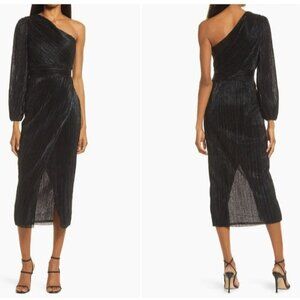 Saylor Alora Midi Metallic Dress in Black Medium Womens Cocktail One Shoulder